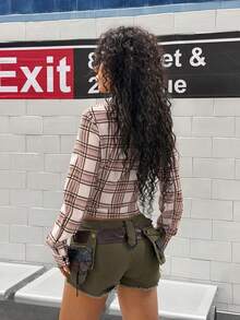 StreetHx Plaid Bodycon Sexy Street Style Deep V Shirt - Multicolor - View 2