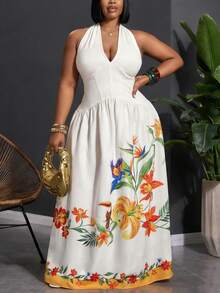 Veslaya 春夏新品度假休闲日常波西米亚风沙滩度假篝火派对假日休闲优雅法式浪漫舒适夏季无袖系带收腰印花长裙，大码女式度假连衣裙夏季长裙女士长裙夏季热带风情长裙度假连衣裙 - 白色 - 查看 4