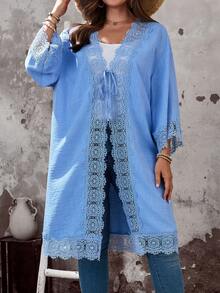 EMERY ROSE 大码女式休闲度假纯色蓝色蕾丝拼接七分袖和服外套，春夏款 - 藍色 - 查看 2