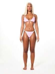 BABYPHAT Women's Triangle Bralette And Thong Set With Cow Print Pattern And Elastic Tape Trim For Valentine's Day - Pink - View 3