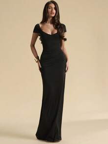 SHEIN BAE Đầm maxi nữ màu đen thanh lịch, chất liệu vải dệt kim, tay ngắn, cổ áo hình trái tim, chi tiết xếp ly và vạt đuôi cá. - màu đen - Xem 5