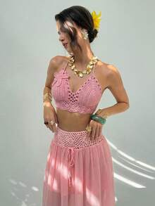 Aloruh 女士3D立体花朵装饰无袖针织上衣和半裙两件套，时尚夏季服装，适合夏季海滩度假，波西米亚热带风情，钩针雪纺性感女装，秋冬季露背上衣 - 粉色 - 查看 6