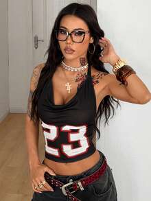 Coolane 女士夏季音乐会穿搭 Y2K 街头风运动休闲透气网眼印花数字图案白色摆领修身露背短款上衣 - 黑色 - 查看 3