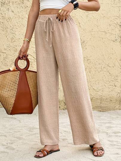 SHEIN Frenchy Women's Casual Vacation & Commute Solid Color Tie Waist Wide Leg Pants, Versatile,Minimalist Versatile Nude Color Drawstring Wide Leg Pants, Lightweight Breathable Comfortable Slimming, Suitable For Urban Strolling/Casual Outing/Home Wear,Work Outfits For Women,Holiday Outfits,Vacation Outfits Women,Summer Clothes
