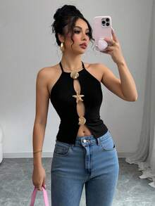 Rafferiza Women's Halter Seashell & Starfish Metal Buckle Hollow Out Sleeveless Fitted Sexy Music Festival Beach Vacation Casual Party Fashion Tank Top - Black - View 6