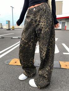 DAZY Women's Leopard Print Pocket Loose Fit Wide Leg Jeans Y2k - Khaki - View 9