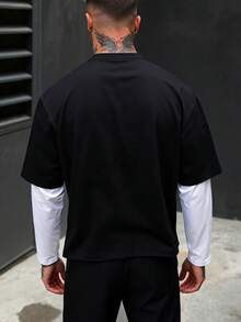Mainfolk 男士休闲通勤街头复古印花二合一印花T恤 优质T恤 男士图案印花T恤 黑色T恤 男士长袖T恤 男士休闲T恤 - 黑與白 - 查看 4