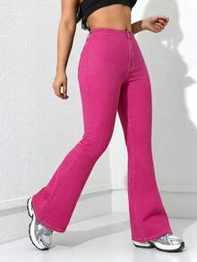 SHEIN EZwear 女士休闲日常纯色百搭喇叭牛仔裤 - 玫紅色 - 查看 3
