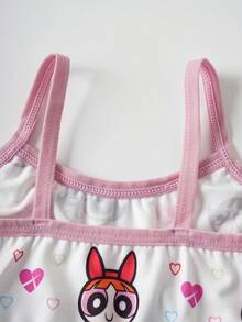THE POWERPUFF GIRLS X SHEIN 4pcs Young Girl Cute Cartoon Heart Print Ringer Undershirt Cami Top - Pink - View 4