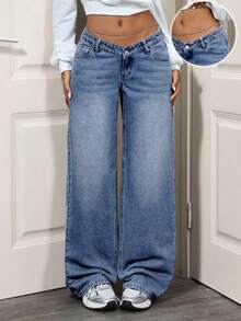 SHEIN Tall Quần jeans nữ cạp cao dáng suông ICON, phiên bản dài, gợi cảm, cạp thấp, ống đứng. - Rửa trung bình - Xem 5