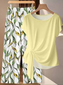 SHEIN Clasi Bộ đồ nữ 2 món gồm áo sơ mi thắt nơ màu vàng phong cách tối giản và quần ống rộng in họa tiết hình học, thích hợp cho đầu mùa thu. - Nhiều màu - Xem 2
