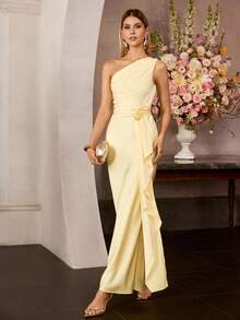 MOTF Soiréza WOMEN'S ONE SHOULDER TAILORED STRUCTURE METAL DECOR ELEGANT ROMANTIC EVENING DRESS, SPRING/SUMMER - Yellow - View 7