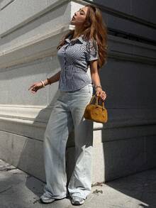 Pariaura Camisa feminina casual, Camisa feminina primavera/verão, Camisa feminina azul, Camisa feminina xadrez - Azul - Ver 3