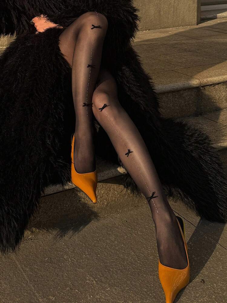 Women's Fashion Sexy Rhinestone Bow Decor Mesh Leggings