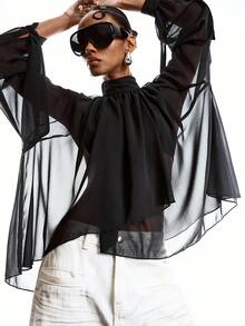 LYSMO 2026 新款极简主义春季女装纯色网纱拼接透视性感立领长袖衬衫/夏季/夏季衬衫/夏季/女士夏季/夏季上衣/女士夏季/春季女装/春季/春假/派对上衣/女士沙滩装/女士沙滩装/沙滩/婚礼及活动/婚礼/外出上衣/外出上衣/女士外出上衣/外出/外出上衣/毕业典礼/女士优雅衬衫/女士度假/女士休闲衬衫/女士休闲/女士衬衫/Y2K/波西米亚风衬衫/黑色衬衫 - 黑色 - 查看 5