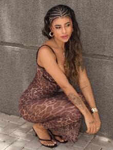 全新性感豹纹网眼吊带裙，修身版型，长款 - 棕色 - 查看 3