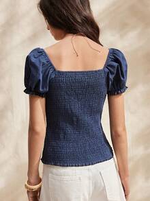 Easelle 藏蓝色刺绣修身女式衬衫 - 藏蓝色 - 查看 2