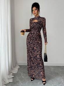 Rafferiza Women's Leopard Print Hollow Out Front Design Fitted Elegant Sexy Long Sleeve Dress - Multicolor - View 5