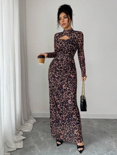 Rafferiza Women's Leopard Print Hollow Out Front Design Fitted Elegant Sexy Long Sleeve Dress