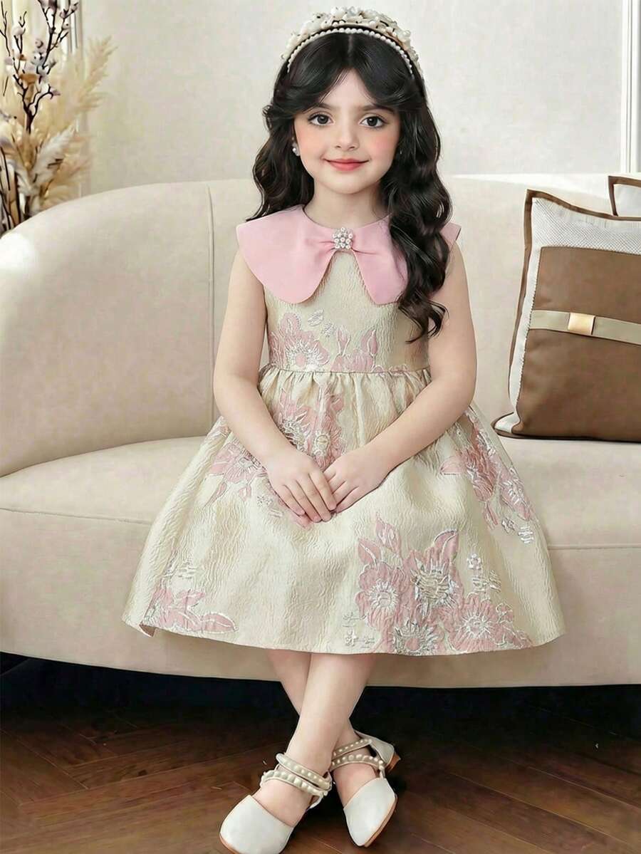 SHEIN Young Girl Elegant Luxurious Fitted Casual Colorblock Collared Sleeveless Dress, Suitable For Teenage Girls, Elegant For Daily Wear, Festivals, Family Gatherings And Special Occasions, Sibling Style Clothing, Spring/Summer, Cute, Elegant, Sweet, Retro, Fashionable, Vacation, Matching For Mom And Daughter, Sisters - Pink - View 1