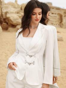 Modelyn Women's Casual Chic Elegant White Double-Breasted Decorated Blazer - White - View 2