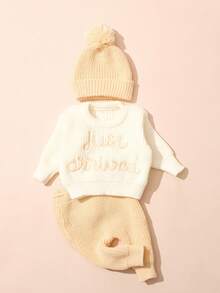 SHEIN 3件套婴儿医院入院公告服，适合1-3个月宝宝，针织上衣和裤子，含帽子，新生儿拍照道具，中性婴儿回家服 - 黃色 - 查看 6