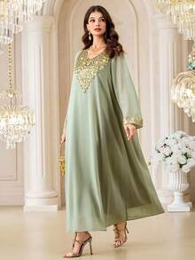 Al Najma 女士优雅派对长裙，V领亮片拼接宽松阿拉伯传统长袍 - 薄荷綠 - 查看 6