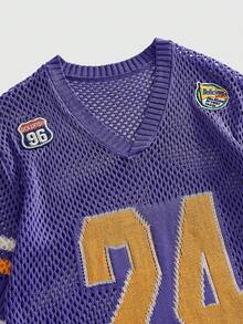 ROMWE MEN Men's V-Neck Football Inspired Knit Sweater, Street Fashion - Purple - View 3
