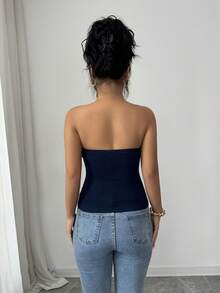 Elenzga Women's Fashionable & Elegant Button Decor Camisole Top, Summer - Navy Blue - View 2