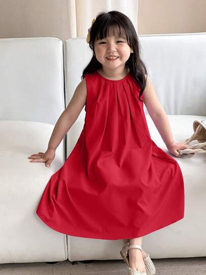 Girls Solid Color Ruffle Detail Decor Casual Dress, Summer Sleeveless Dress Girl Red Dress Young Girl Summer Dress Solid Color Girl Dress