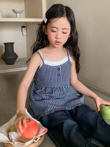 DAZY Young Girl Contrast Lace Button Design Striped 2 In 1 Camisole - Blue - View 7