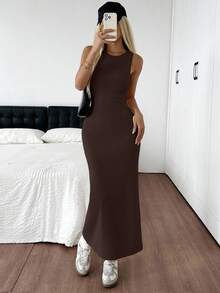 SHEIN EZwear 棕色针织露背紧身无袖连衣裙（女款） - 巧克力棕 - 查看 6