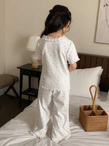 DAZY 女童碎花蕾丝荷叶边短袖上衣和阔腿裤睡衣套装，春夏秋季 - 白色 - 查看 6