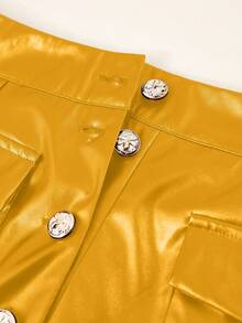 SHEIN Franclia Women's Casual Fashion PU Leather Solid Color Button Fly Flap Pocket Shorts - Yellow - View 5