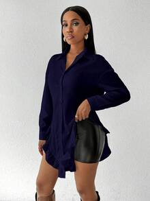 Chiquease Camisa de manga larga con volantes y bajo curvo de unicolor simple para uso diario y casual de mujer, primavera/otoño - Azul Marino - Ver 8