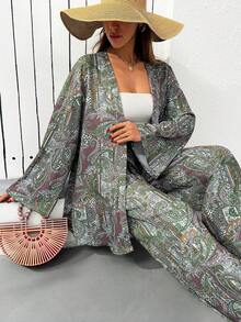 Cloudara Set da due pezzi kimono bohémien con pantaloni ampi a gamba larga, caratterizzato da dettagli di stampa colorati e alla moda. Comodo e accattivante coordinato perfetto per vacanze, resort, giorni in spiaggia, uscite estive casual e look di tutti i giorni elegantemente stilosi. - Multicolore - Visualizzare 5