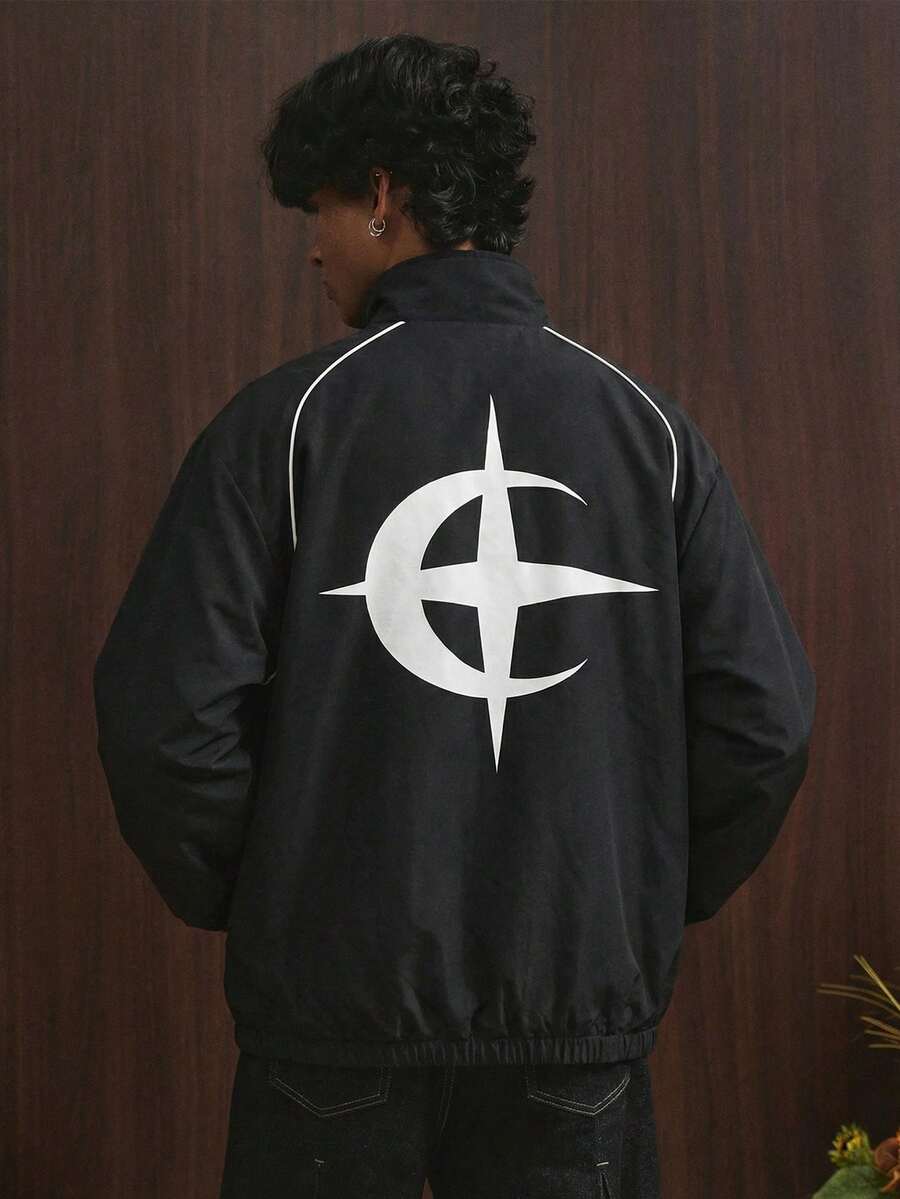 TOKVUE Men's Casual Versatile Star & Moon Print Jacket,Reflective Stripe Construction, Oversized Back Pattern Jacket For Men,PAVTROS,Valentine's Day,I Love My Boyfriend,Vintage,Streetwear,Festival,