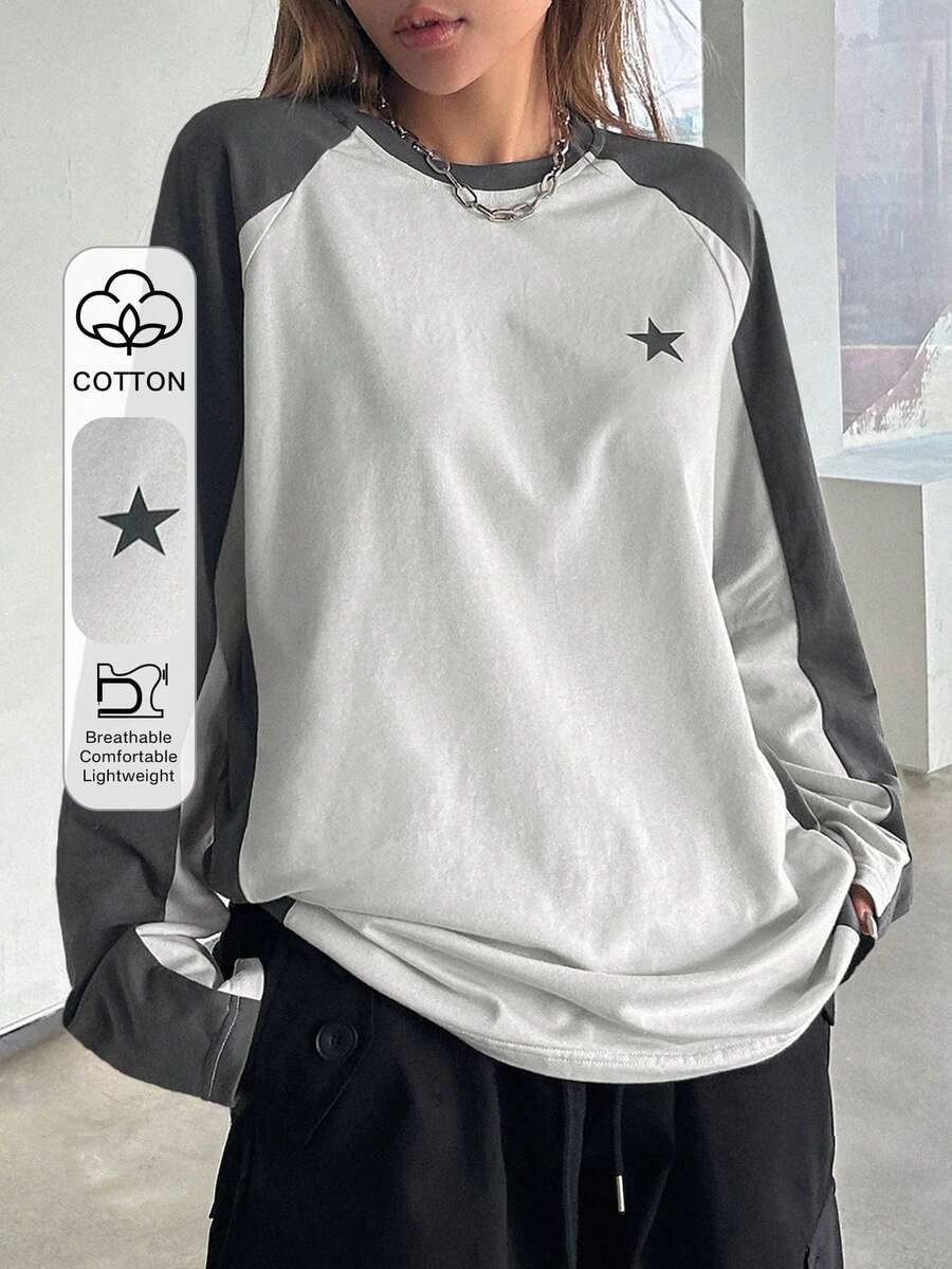 DAZY 星星印花撞色插肩袖 T 恤 Y2k，秋季服装长袖女式上衣 - 白色 - 查看 1