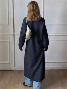 DAZY Women's Casual Solid Color Split Hem Sweater Dress, Autumn/Winter - Navy Blue - View 2