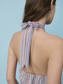 Nöista 这款无袖露背上衣采用条纹图案，领口系带，下摆呈喇叭形荷叶边。适合春季、夏季穿着，女士款。 - 紅色 - 查看 2