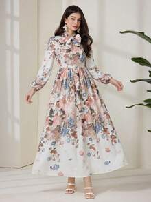 Modelyn Đầm nữ in hoa, xếp ly, thắt eo, cổ buộc dây, thanh lịch cho các buổi hẹn hò và tiệc tùng. - Hồng - Xem 4