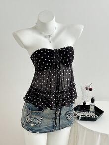 Elamini Women's Summer Casual Solid Black Polka Dot Mesh Sexy Bandeau Crop Top - Black - View 5