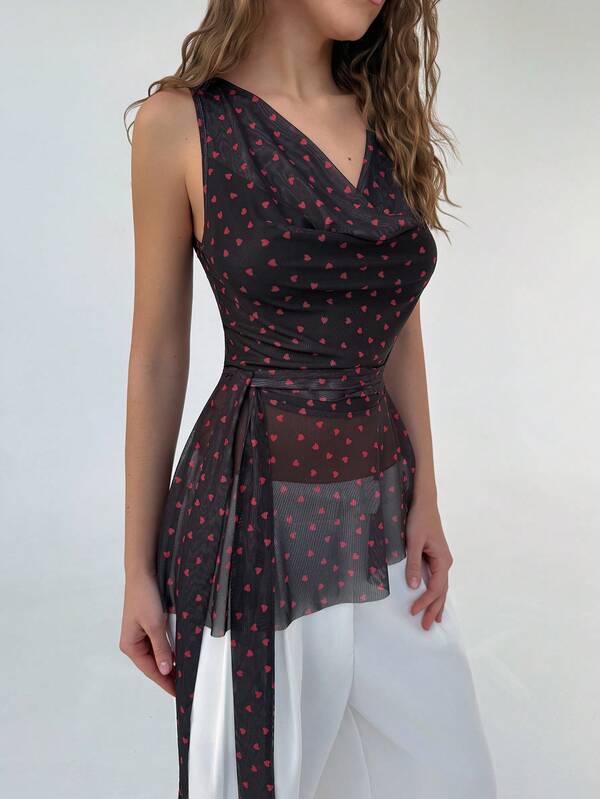 Islaluna Women's Elegant Sexy Sassy Black Polka Dot Sleeveless Top With Small Draped Neck, Tie Sash That Can Be Used As Waist Belt Or Scarf, Mesh Splice Sweet & Chic Minimalist Top