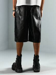 ROMWE MEN Street Life 男士PU面料水钻设计口袋时尚短裤 - 黑色 - 查看 3