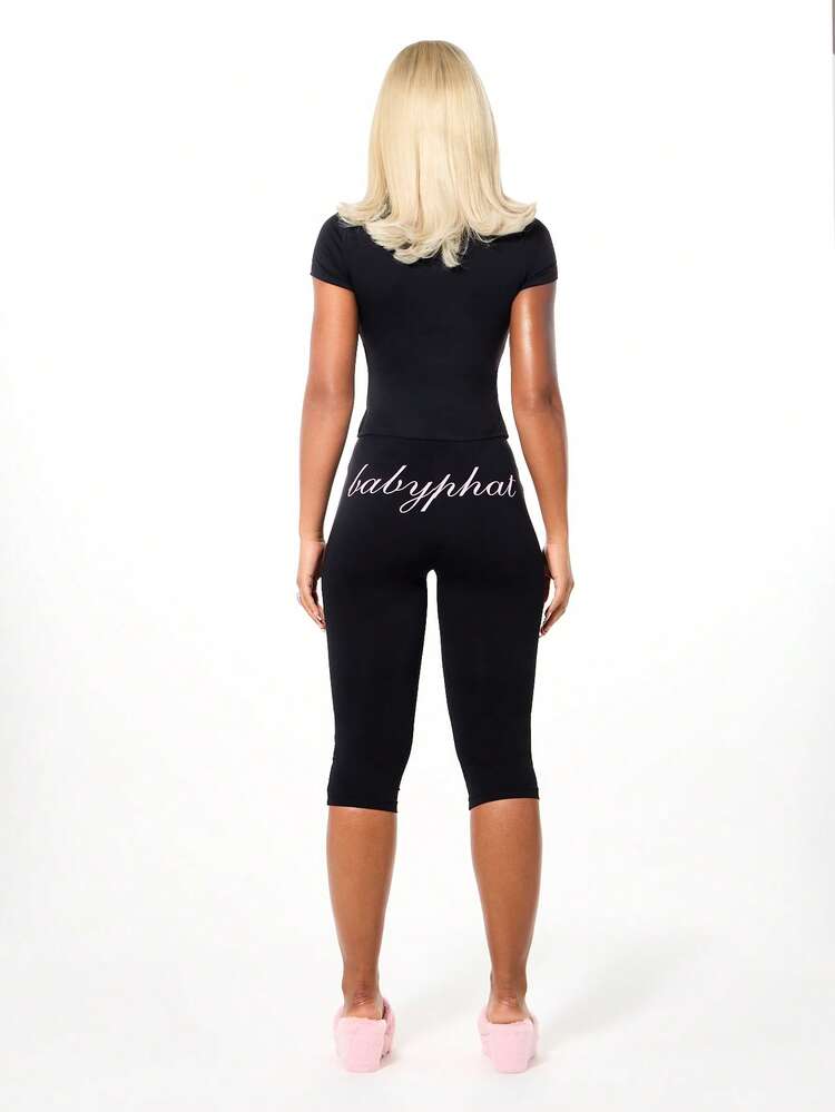 BABYPHAT Branded Script Print High Rise Capri Length Leggings With Jersey Knit Fabric