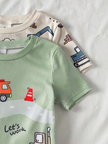 SHEIN GraphicGems 4件套男童橄榄绿杏色卡通汽车印花短袖短裤修身休闲舒适柔软弹力睡衣，夏季 - 彩色 - 查看 7