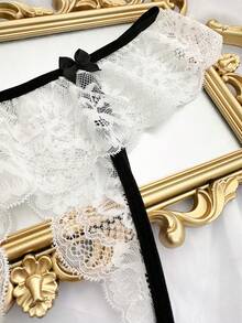女士性感蕾丝拼接无裆内裤 - 黑與白 - 查看 4
