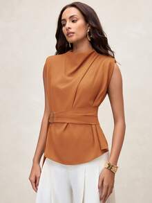 Aveloria Modichic Women's Fashion High Collar Asymmetric Gathered Shoulder Sleeveless Mustard Yellow Blouse Shirt With Adjustable Waist - Orange - View 5