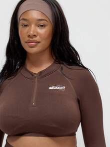 MUSERA Plus Size Seamless Sculpt Quarter Zip Fitted Long Sleeve Crop Top Co-Ord Top Only Active Gym Workout Casual Sonder - Brown - View 2