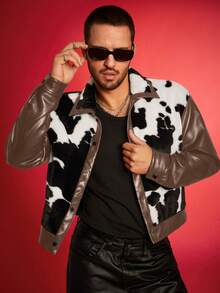 FeverCity 男式奶牛印花蓬松拼接 PU 皮革长袖夹克，适合秋冬